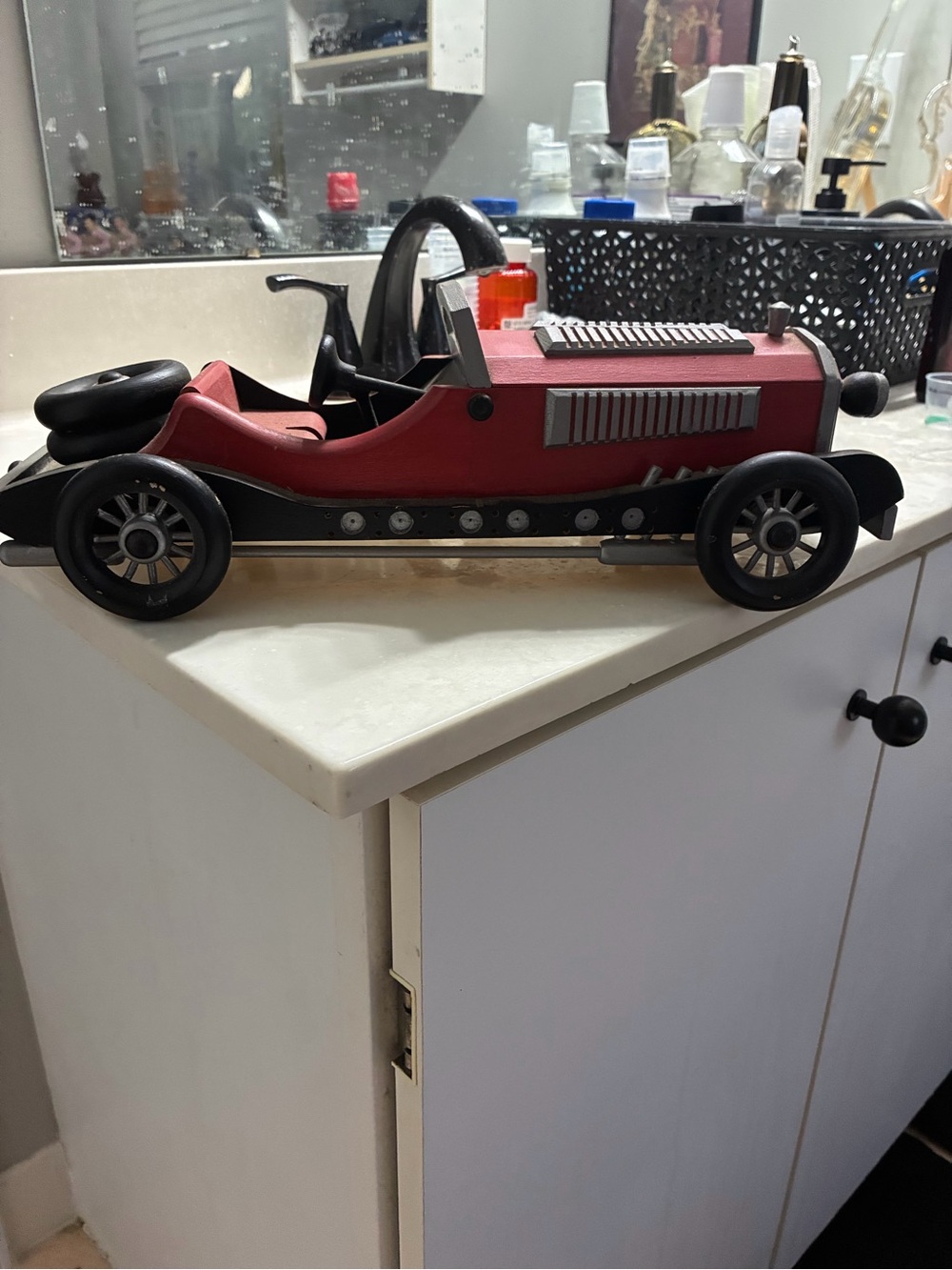 Detailed handcrafted vintage-style wooden roadster display model 15 inches